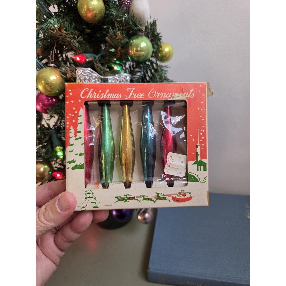 Vintage Japan 4" Glass Teardrop Christmas Ornaments Set of 5 Original Box